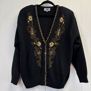 Vintage Alfred Dunner Womens Holiday Floral Beaded Cardigan Size L Grannycore
